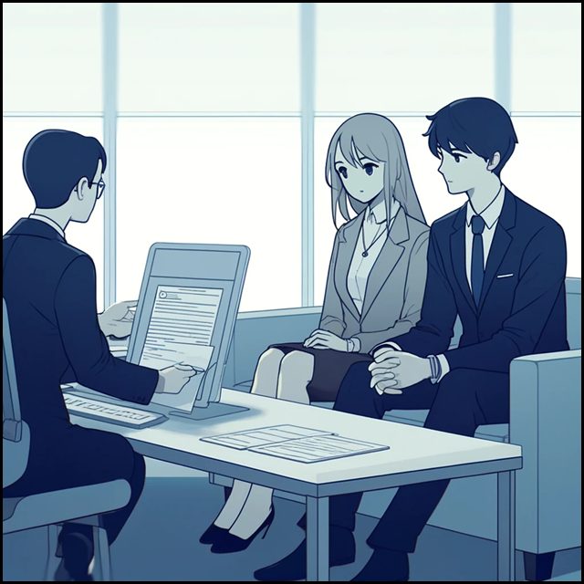 銀行で住宅ローンの説明を受けている夫婦、住宅ローンを多めに借りたいので何か後ろめたさがある